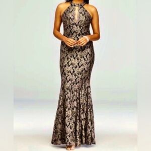 Morgan & Co Lace High Neck Halter Mermaid Gown.